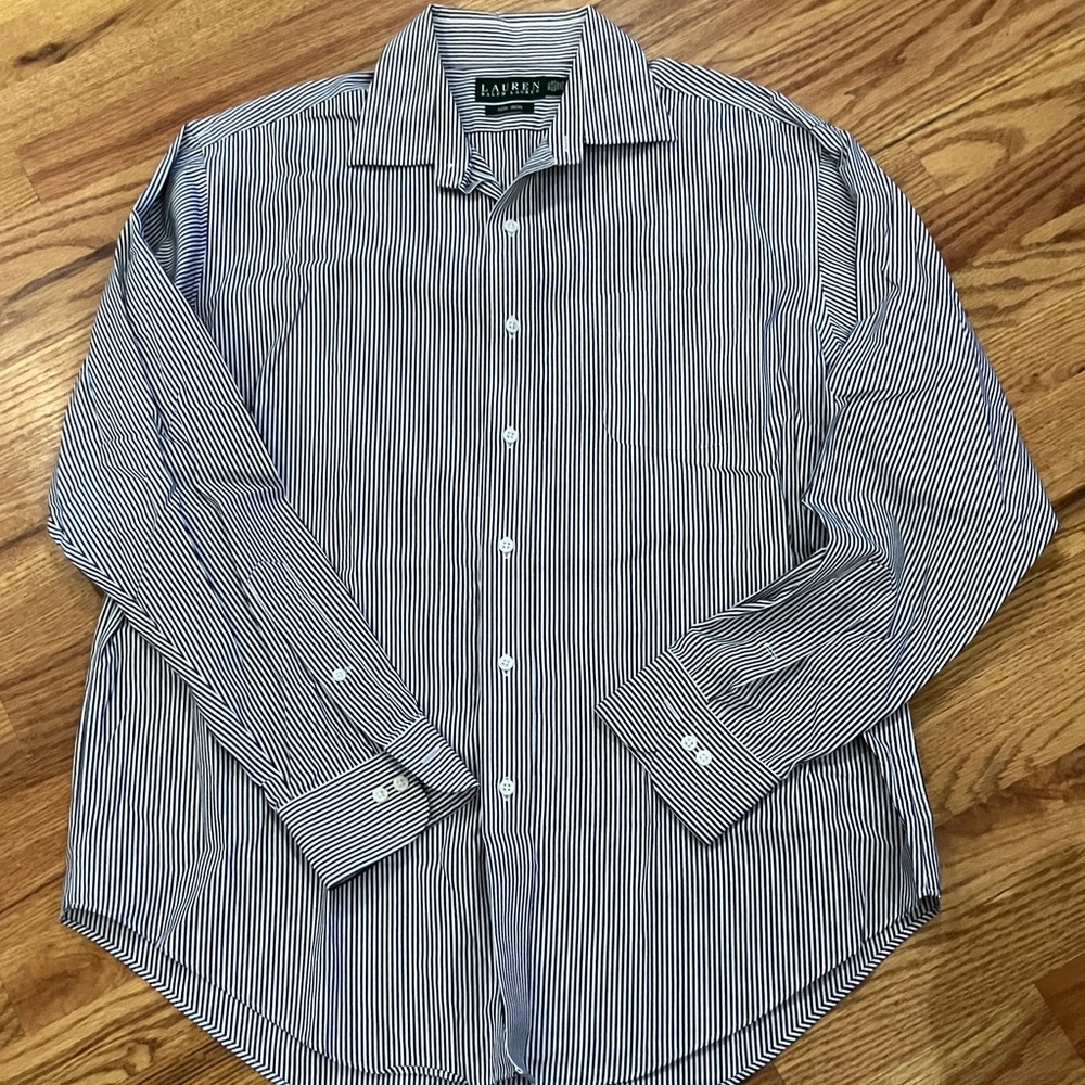 Lauren Ralph Lauren Men's Navy and White Pinstripe Dress Shirt Sz 16.5 34/35 EUC